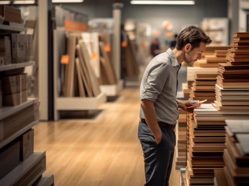 a man looking at hardwood flooring in a store