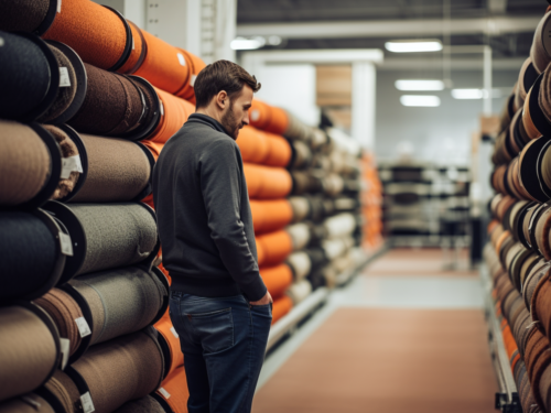 man looking at carpet in a hardware store