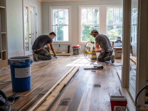 workers installing new flooring over old flooring