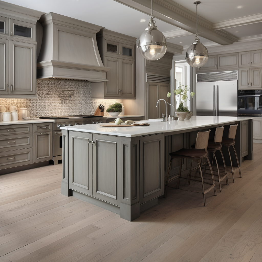 Gray kitchen cabinets with beige wood flooring