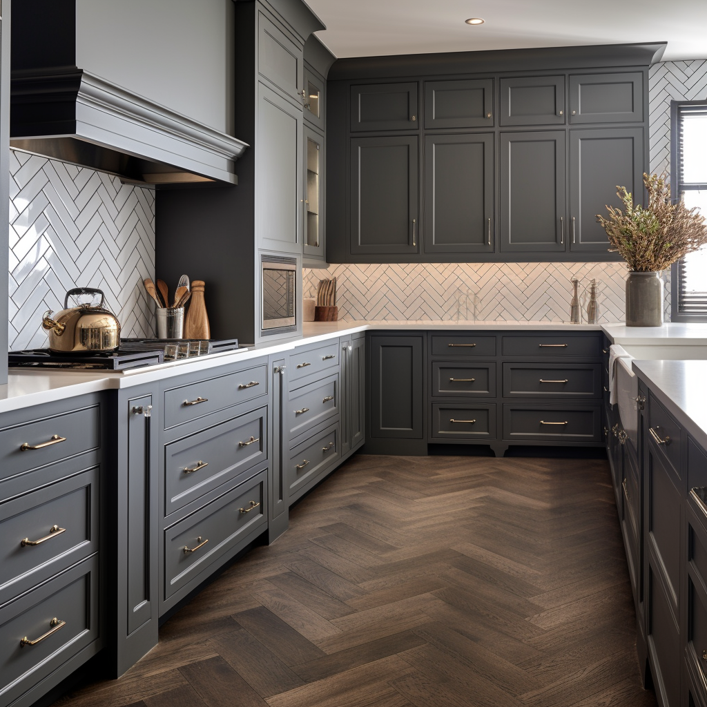 Dark gray kitchen cabinets with herringbone wood flooring