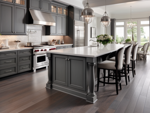 wood flooring with gray kitchen cabinets