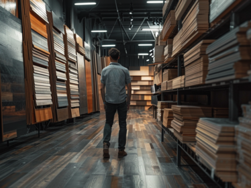 Man walking through hardwood flooring store