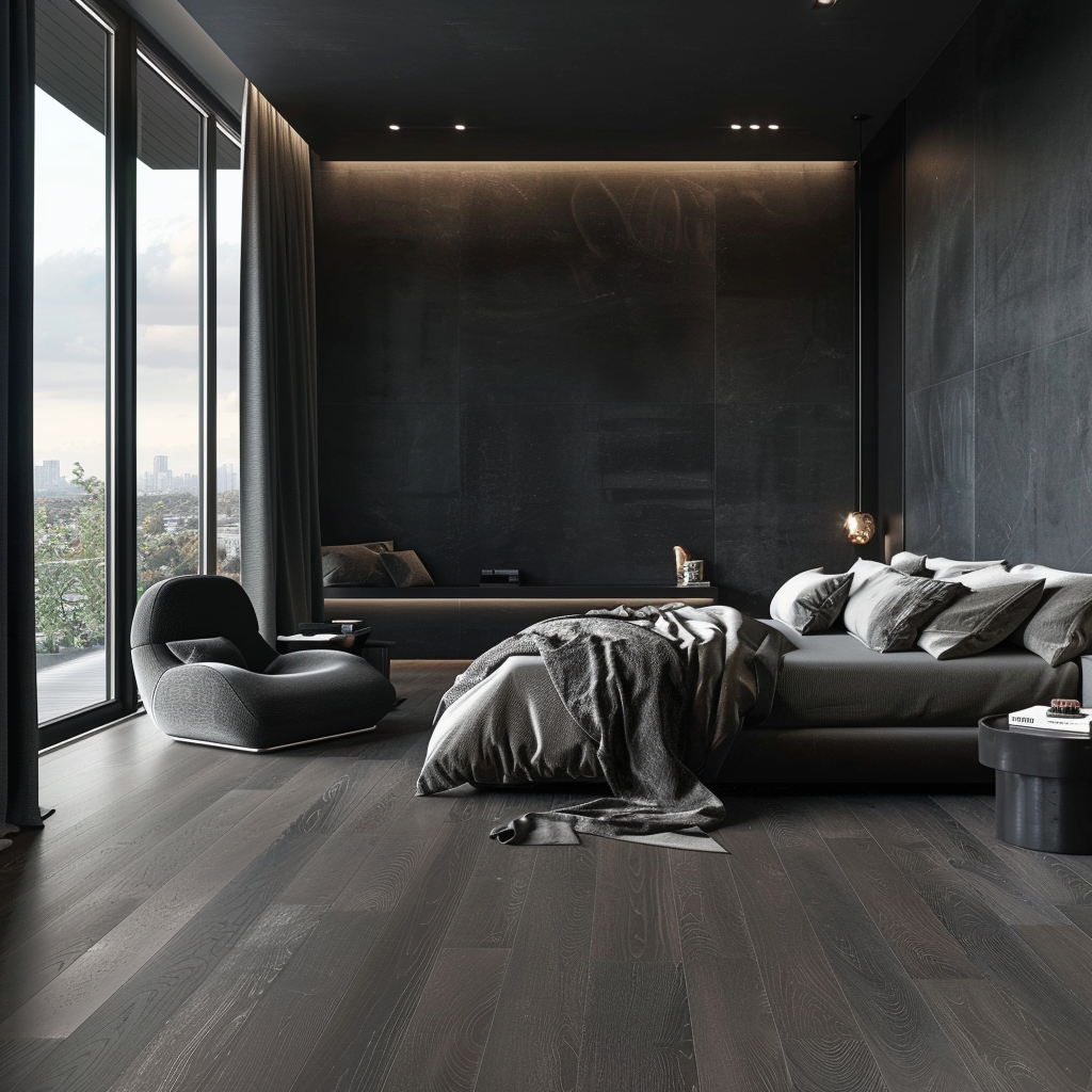 dark charcoal wood flooring in modern monochromatic bedromm