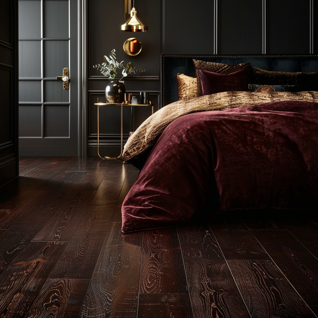 dark wood flooring with velvet bedding