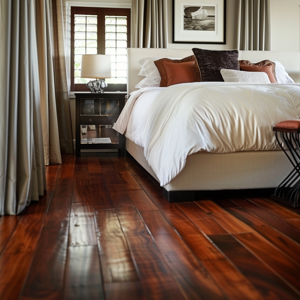 mahogany wood flooring with white beddring in simple bedroom