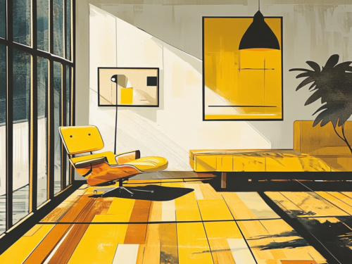 graphic illustration, yellow accents, new hardwood flooring