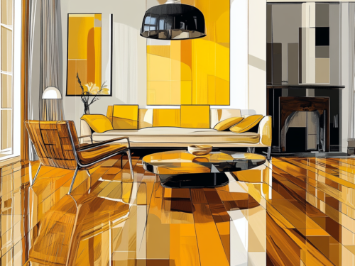 graphic illustration, yellow accents, shiny hardwood floors, modern furniture