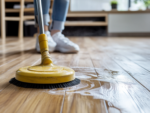 Person cleaning hardwood floor